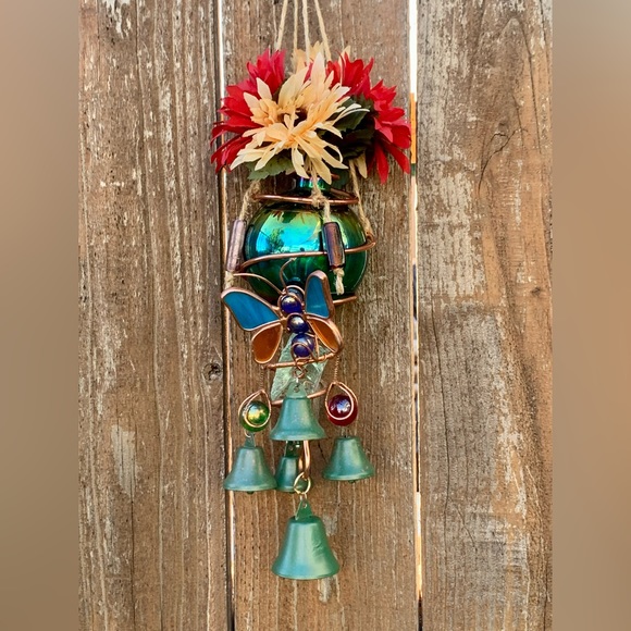 NEW! Rainbow Stained Glass Wind Chime Sun Catcher Butterfly Vase Mobile - Picture 12 of 13
